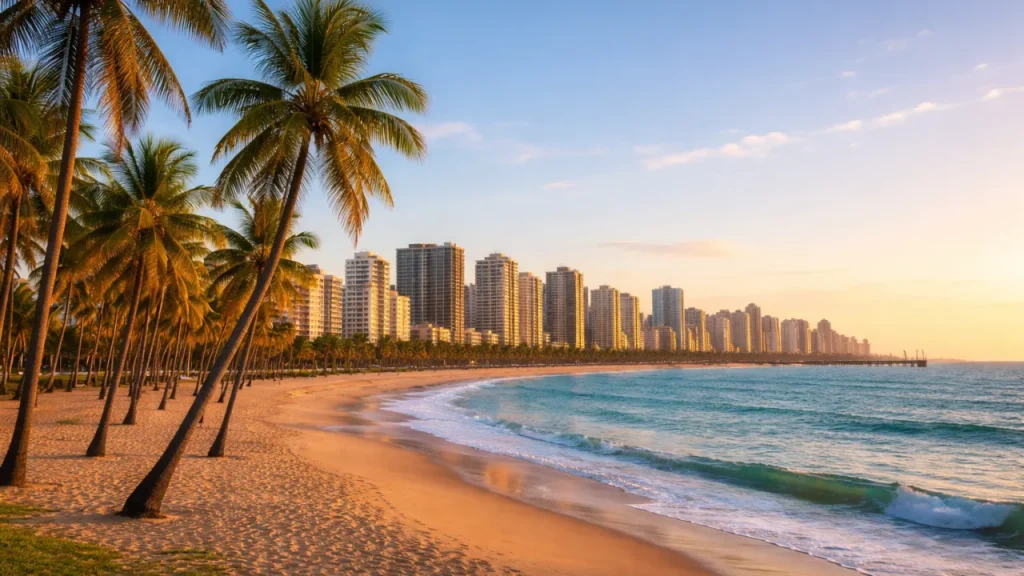 Vista da Praia de Iracema em Fortaleza, ideal para contabilidade em Fortaleza, com mar, coqueiros e prédios urbanos.