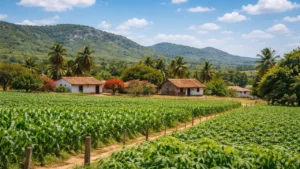 Paisagem rural com plantações verdes, representando a contabilidade em Barreira, Ceará, de forma autêntica e natural.