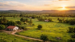Paisagem rural de Ererê Ceará para contabilidade em erere com pastagens e casas sob céu claro ao entardecer.