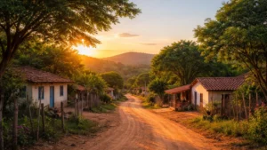 Paisagem rural realista representando contabilidade em Pereiro, com natureza e casas simples sob céu azul.