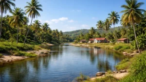 Vista natural de Potiretama com rio e coqueirais, ideal para contabilidade em Potiretama.