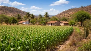 Paisagem rural realista de contabilidade em Quixeré com plantações e vegetação típica do sertão cearense.