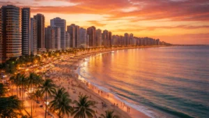 Orla de Fortaleza ao entardecer, ideal para escritórios de contabilidade em Fortaleza, com praia e prédios modernos.