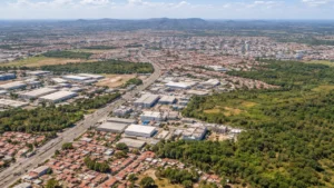 Imagem aérea realista destacando a cidade e indústrias para contabilidade em Maracanaú sob céu azul.