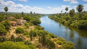Paisagem do rio Jaguaribe com vegetação e casas em sao joao do jaguaribe, Ceará, destacando a natureza do sertão.