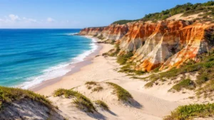 Paisagem natural de falésias coloridas na praia de Morro Branco, representando contabilidade em Beberibe com beleza costeira.