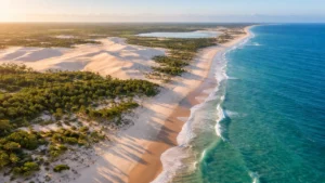 Paisagem costeira natural destacando contabilidade em Camocim com praias e dunas sob céu claro.