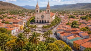 Vista realista da Basílica e paisagem urbana que destaca contabilidade em Canindé com charme e tradição.