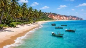 Praia com coqueiros e falésias em Fortim, cenário ideal para contabilidade em Fortim, Ceará.