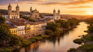 Arquitetura colonial e Rio Salgado em Icó, representando a contabilidade em Icó com cenário histórico e natural.