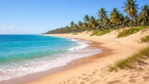 Vista da praia com dunas e coqueiros, representando contabilidade em Paraipaba em cenário natural tranquilo.